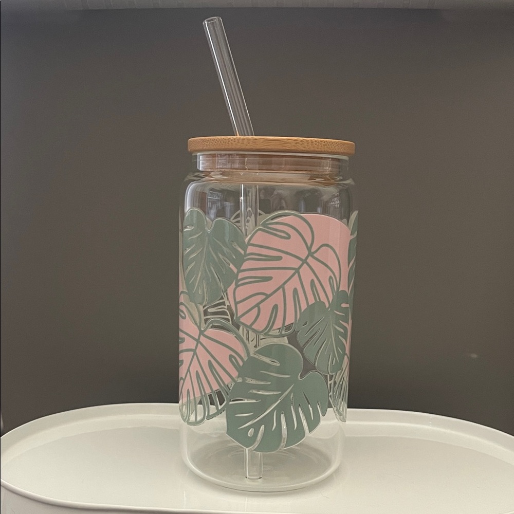 Tropical Leaf Glass Tumbler with Bamboo Lid and Straw